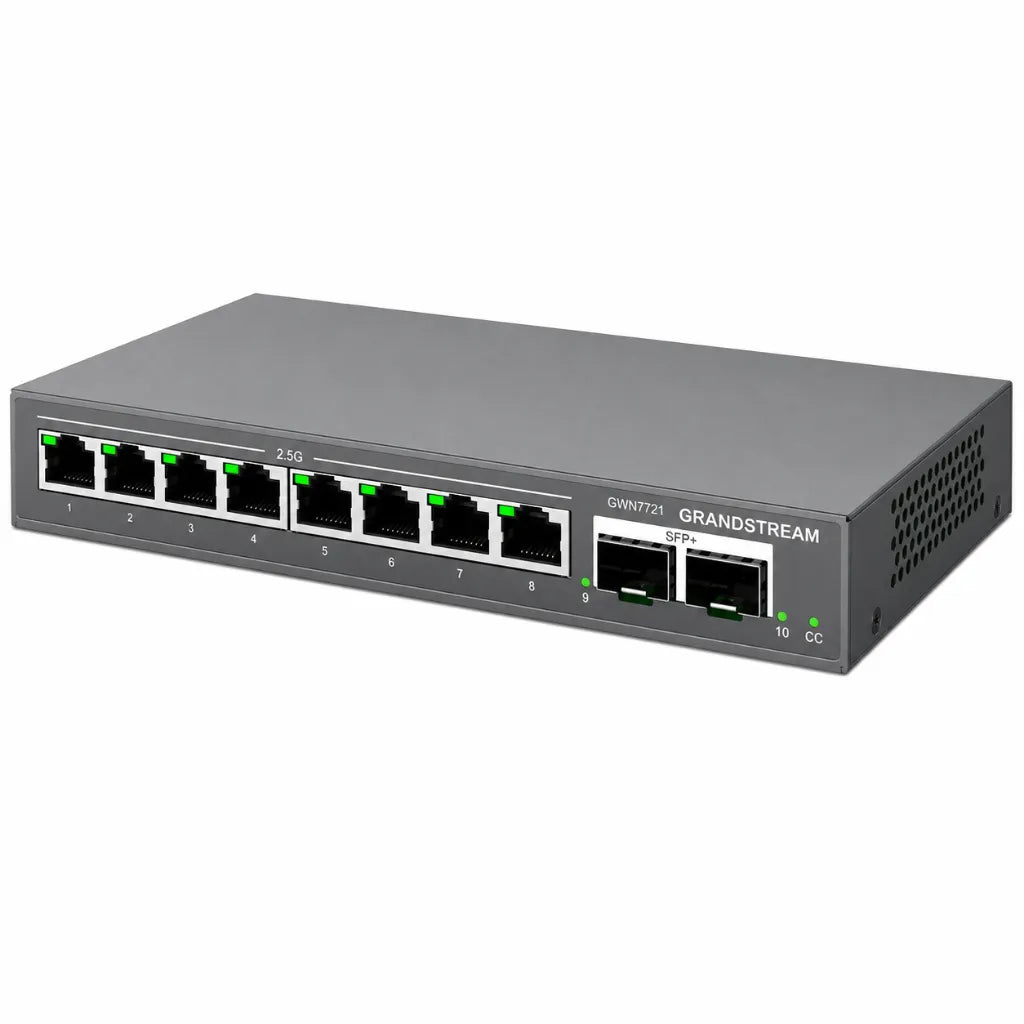 Grandstream GWN7721 Layer 2 Lite managed network switch with 8×2.5 Gigabit Ethernet ports and 2×10G SFP+ uplink ports front left angle view.