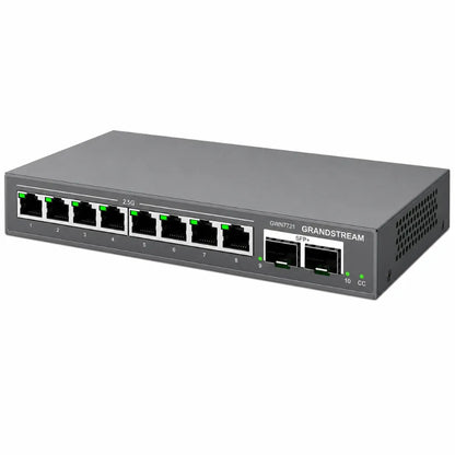 Grandstream GWN7721 Layer 2 Lite managed network switch with 8×2.5 Gigabit Ethernet ports and 2×10G SFP+ uplink ports front left angle view.