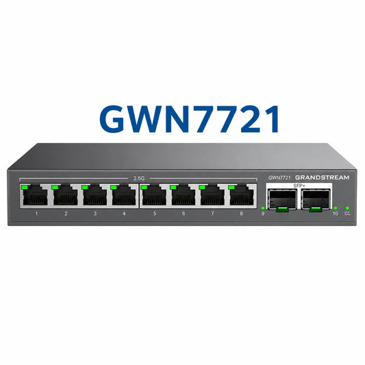 Front view of Grandstream GWN7721 managed network switch featuring eight 2.5 Gigabit Ethernet ports and two 10G SFP+ uplink ports.