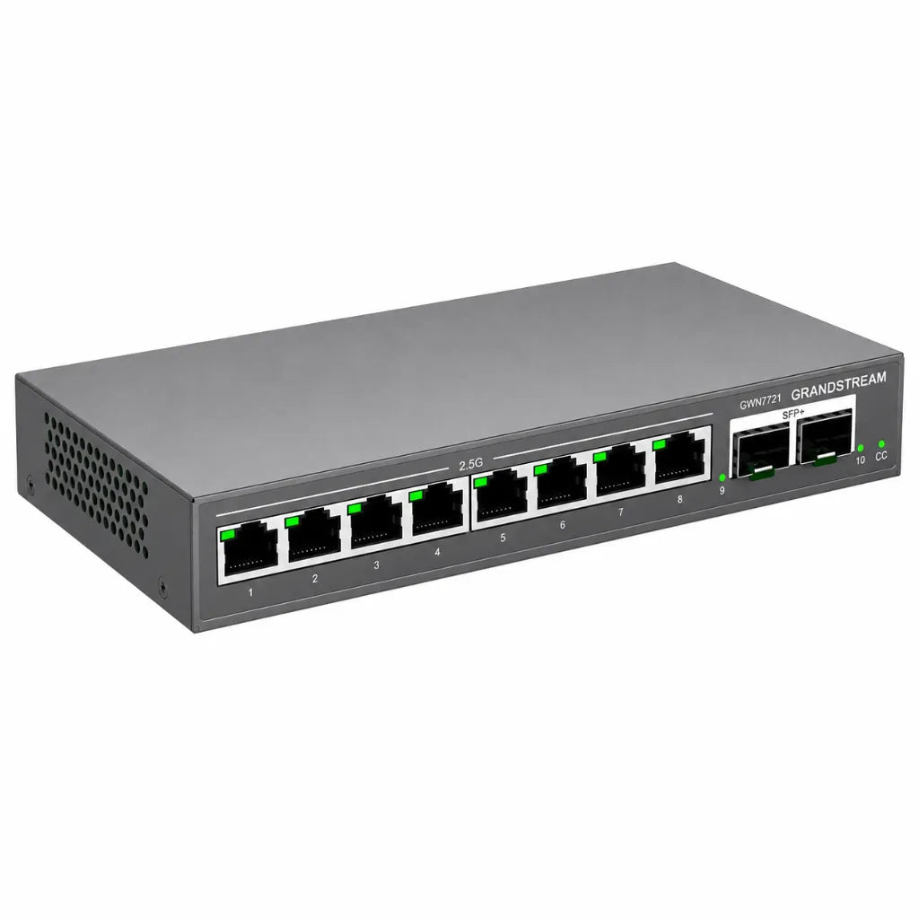 Angled view of Grandstream GWN7721 managed 2.5 Gigabit Ethernet switch with dual 10G SFP+ uplink ports for business networking