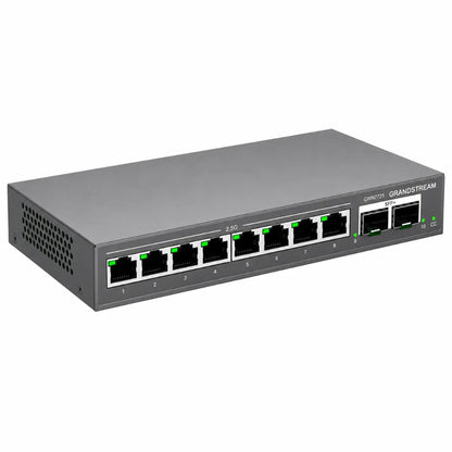 Angled view of Grandstream GWN7721 managed 2.5 Gigabit Ethernet switch with dual 10G SFP+ uplink ports for business networking