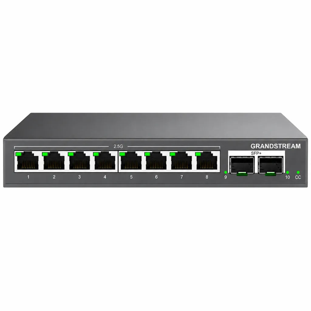 Grandstream GWN7721 10-port Layer 2 Lite managed network switch with 8×2.5 Gigabit ports and 2×10G SFP+ uplinks on a white background.