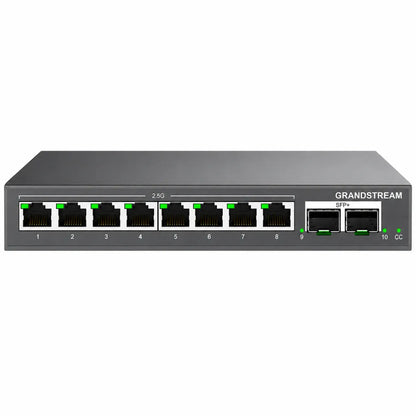 Grandstream GWN7721 10-port Layer 2 Lite managed network switch with 8×2.5 Gigabit ports and 2×10G SFP+ uplinks on a white background.
