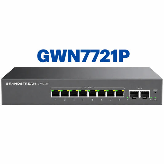 Grandstream GWN7721P Layer 2 Lite managed switch featuring 8 x 2.5 Gigabit PoE+ ports and dual 10G SFP+ uplink ports front view.