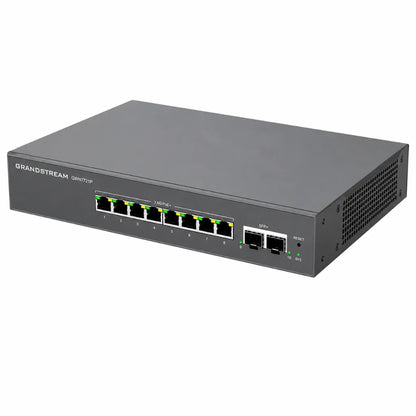 Left angle view of Grandstream GWN7721P managed 2.5 Gigabit PoE+ switch designed for SMB and enterprise networking.