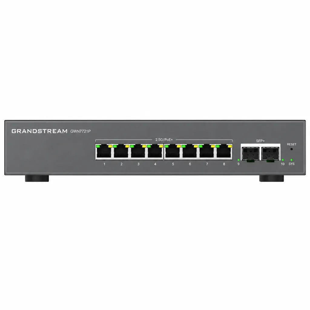 Grandstream GWN7721P desktop Layer 2 Lite managed switch with eight 2.5 Gigabit PoE+ ports and dual 10 Gigabit SFP+ uplinks.