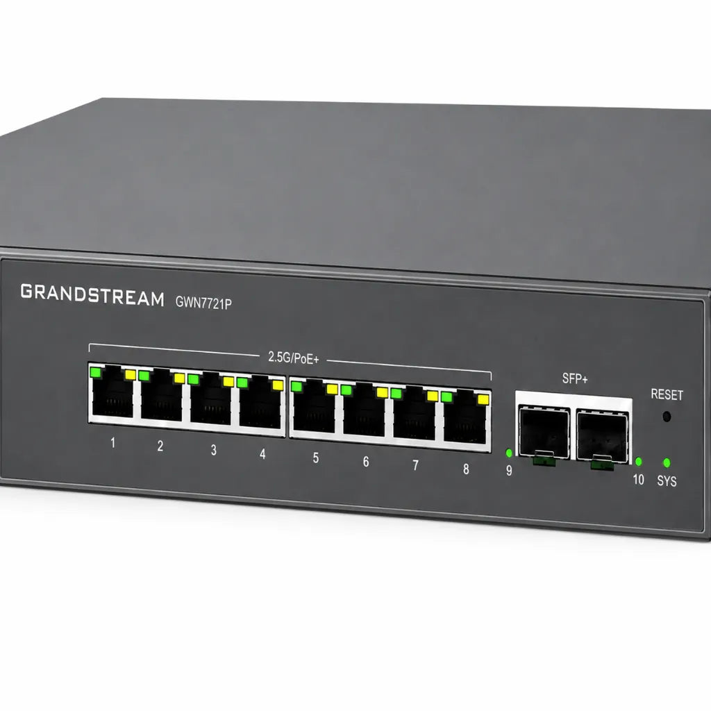 Close-up of Grandstream GWN7721P showing eight 2.5 Gigabit PoE+ RJ45 ports, dual 10G SFP+ uplinks and status LEDs.
