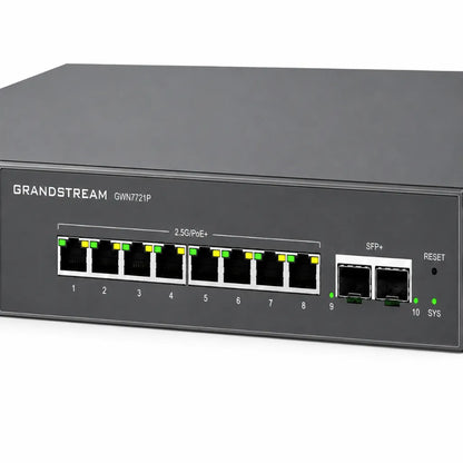 Close-up of Grandstream GWN7721P showing eight 2.5 Gigabit PoE+ RJ45 ports, dual 10G SFP+ uplinks and status LEDs.