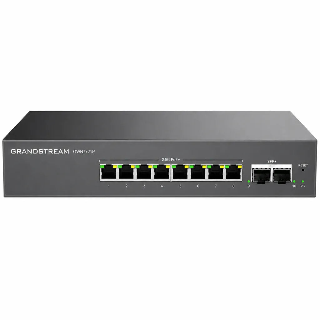 Front view of Grandstream GWN7721P managed PoE network switch with 8 x 2.5GbE PoE+ ports and 2 x 10G SFP+ uplink ports.