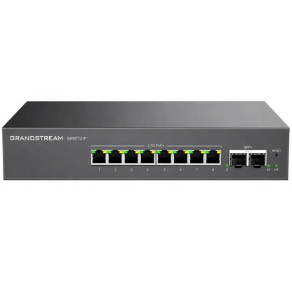 Front view of Grandstream GWN7721P managed PoE network switch with 8 x 2.5GbE PoE+ ports and 2 x 10G SFP+ uplink ports.