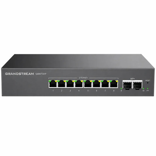 Front view of Grandstream GWN7721P managed PoE network switch with 8 x 2.5GbE PoE+ ports and 2 x 10G SFP+ uplink ports.