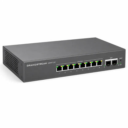 Right angle view of Grandstream GWN7721P managed network switch with 8 PoE+ Ethernet ports and dual 10G SFP+ uplink ports.