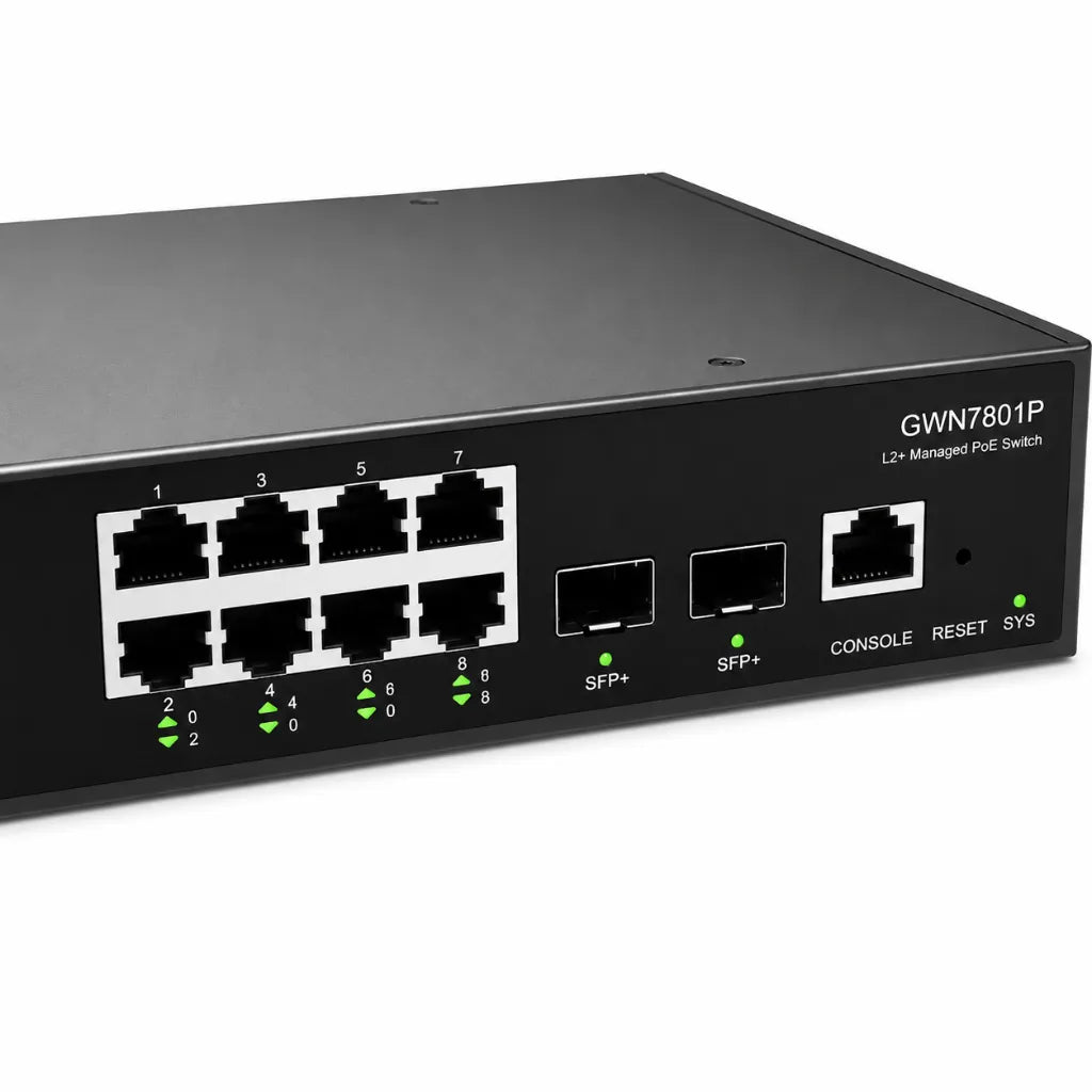 Grandstream GWN7801P Layer 2+ Managed PoE Gigabit Switch close-up showing 8 Gigabit PoE+ ports, dual SFP uplinks and console port.