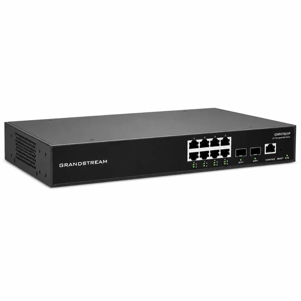 Left angled view of Grandstream GWN7801P Layer 2+ managed PoE switch designed for business networking and centralized management.