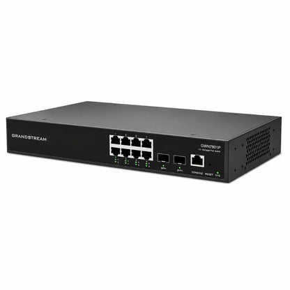 Angled front view of Grandstream GWN7801P managed Gigabit PoE switch featuring 8 PoE+ ports, dual SFP uplinks and enterprise network connectivity.