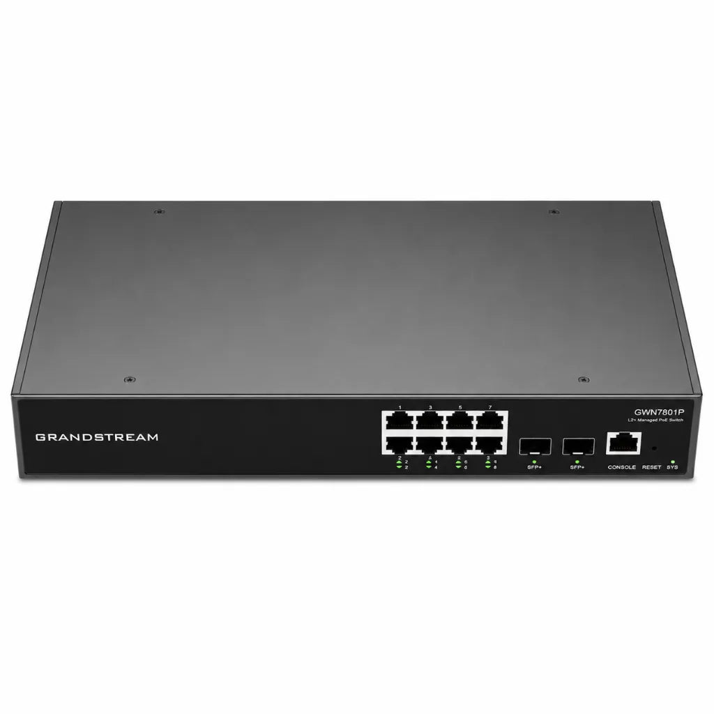 Front view of Grandstream GWN7801P Layer 2+ Managed PoE Gigabit Switch with 8 PoE+ Ethernet ports and 2 SFP uplink ports.
