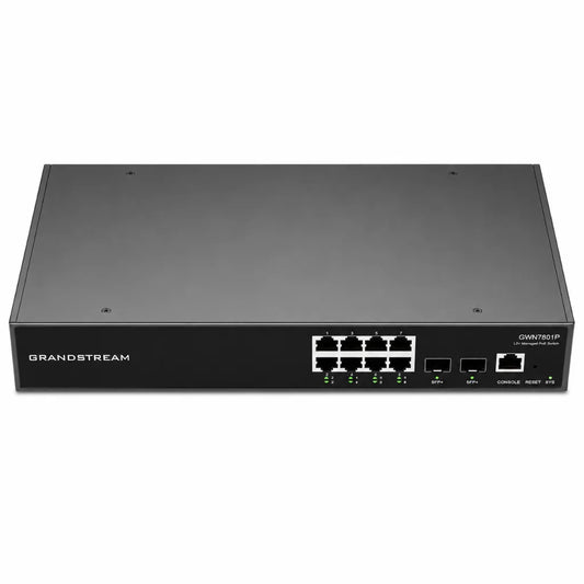 Front view of Grandstream GWN7801P Layer 2+ Managed PoE Gigabit Switch with 8 PoE+ Ethernet ports and 2 SFP uplink ports.