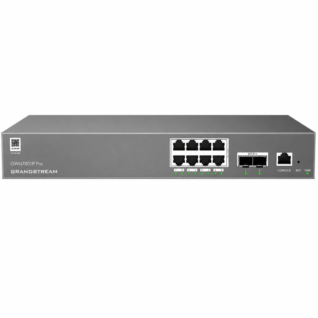 Front view of Grandstream GWN7801P Pro enterprise managed PoE switch with 8 Gigabit Ethernet ports, dual 2.5G SFP uplinks and console port.