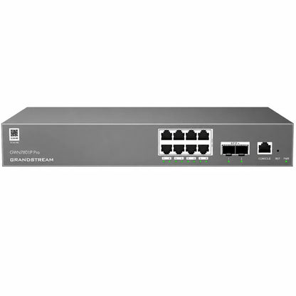 Front view of Grandstream GWN7801P Pro enterprise managed PoE switch with 8 Gigabit Ethernet ports, dual 2.5G SFP uplinks and console port.