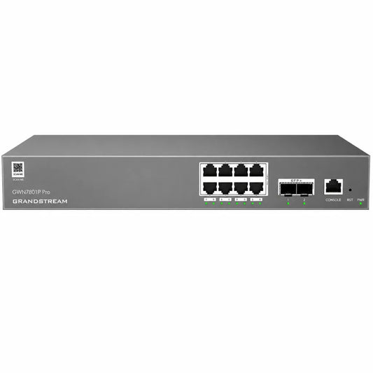 Front view of Grandstream GWN7801P Pro enterprise managed PoE switch with 8 Gigabit Ethernet ports, dual 2.5G SFP uplinks and console port.