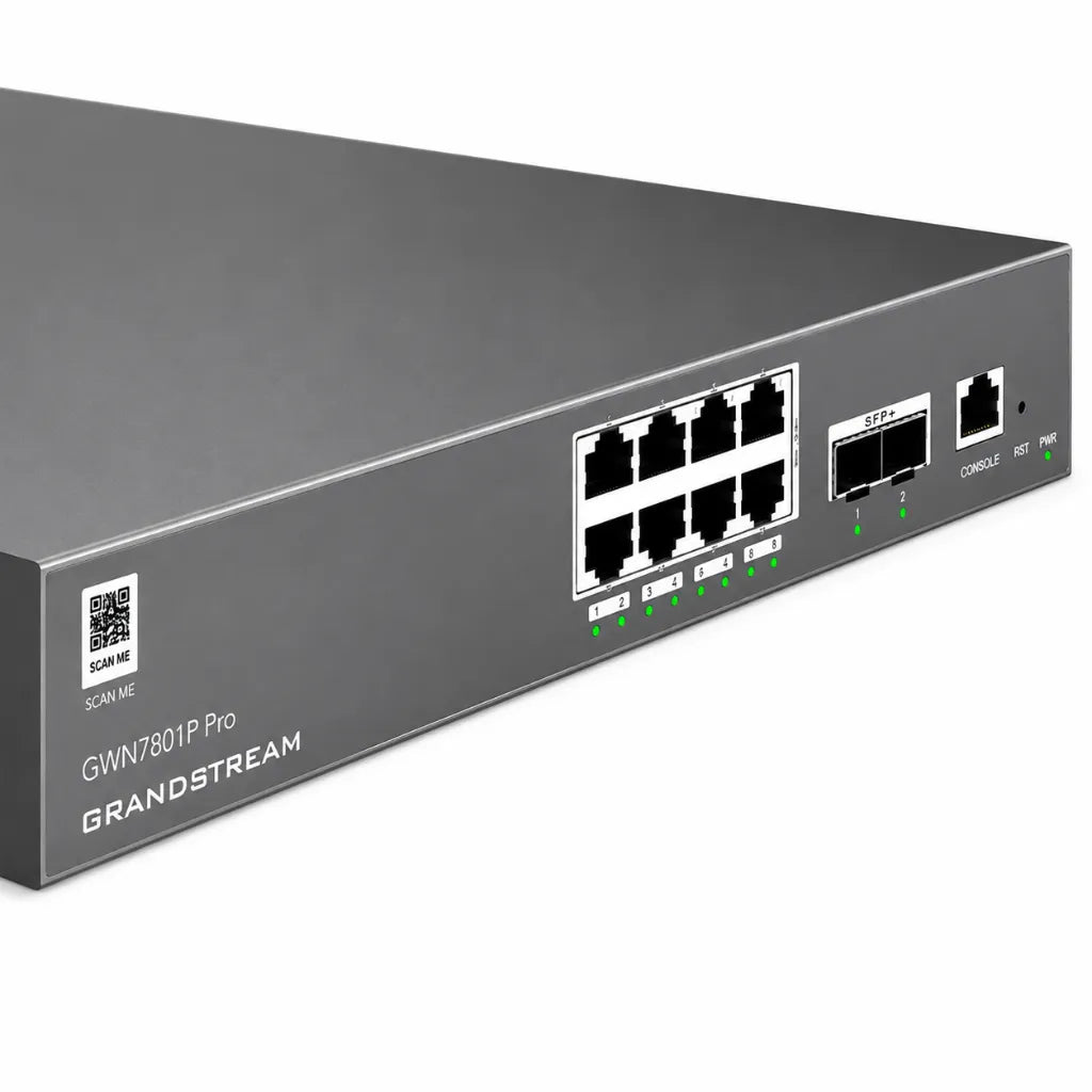 Close-up of Grandstream GWN7801P Pro showing 8 Gigabit PoE+ Ethernet ports, dual 2.5G SFP uplink ports, console port and LED indicators.
