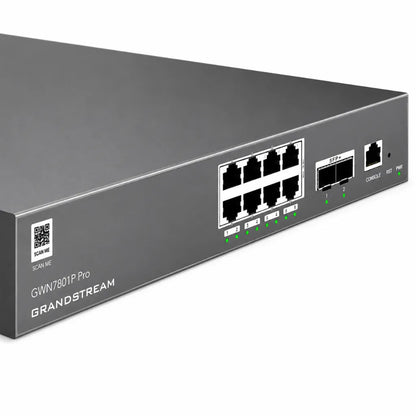 Close-up of Grandstream GWN7801P Pro showing 8 Gigabit PoE+ Ethernet ports, dual 2.5G SFP uplink ports, console port and LED indicators.
