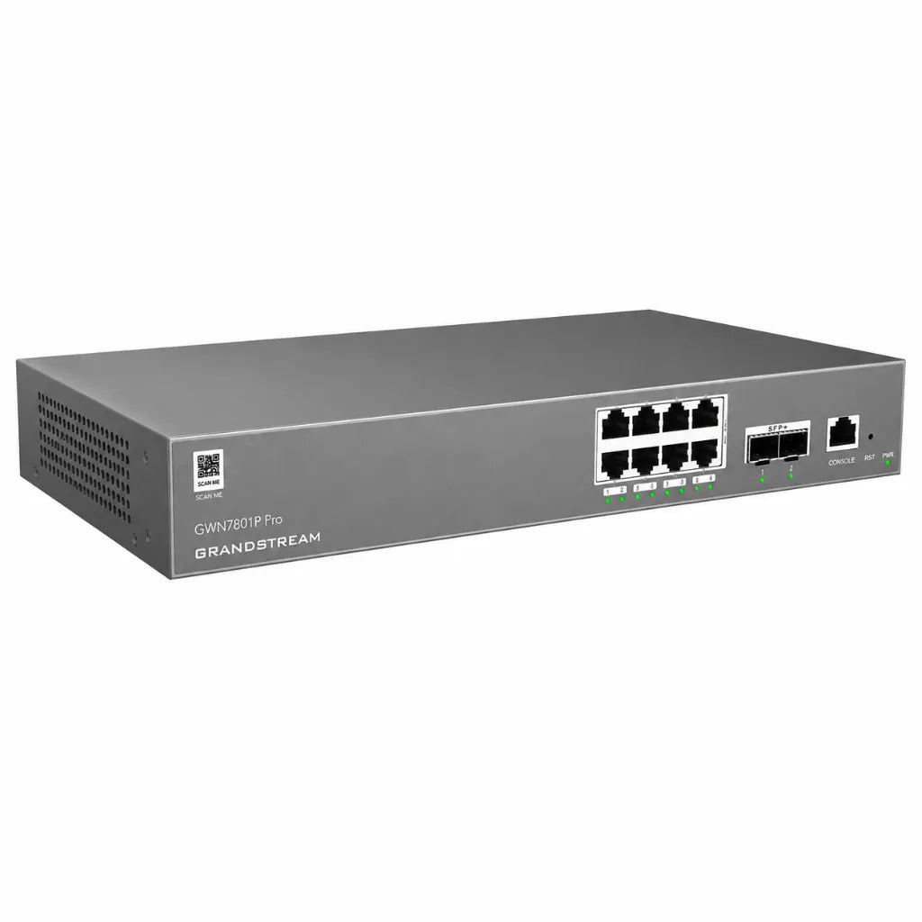 Left angle view of Grandstream GWN7801P Pro managed network switch with 8 PoE+ Gigabit ports and dual 2.5G SFP uplink ports.