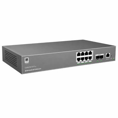 Left angle view of Grandstream GWN7801P Pro managed network switch with 8 PoE+ Gigabit ports and dual 2.5G SFP uplink ports.
