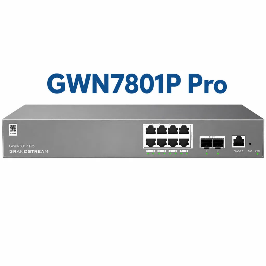 Grandstream GWN7801P Pro Layer 2++ managed PoE switch featuring 8 Gigabit PoE+ ports and dual 2.5G SFP uplink ports front view.
