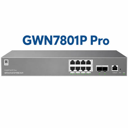 Grandstream GWN7801P Pro Layer 2++ managed PoE switch featuring 8 Gigabit PoE+ ports and dual 2.5G SFP uplink ports front view.