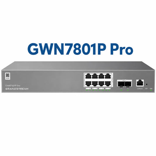 Grandstream GWN7801P Pro Layer 2++ managed PoE switch featuring 8 Gigabit PoE+ ports and dual 2.5G SFP uplink ports front view.