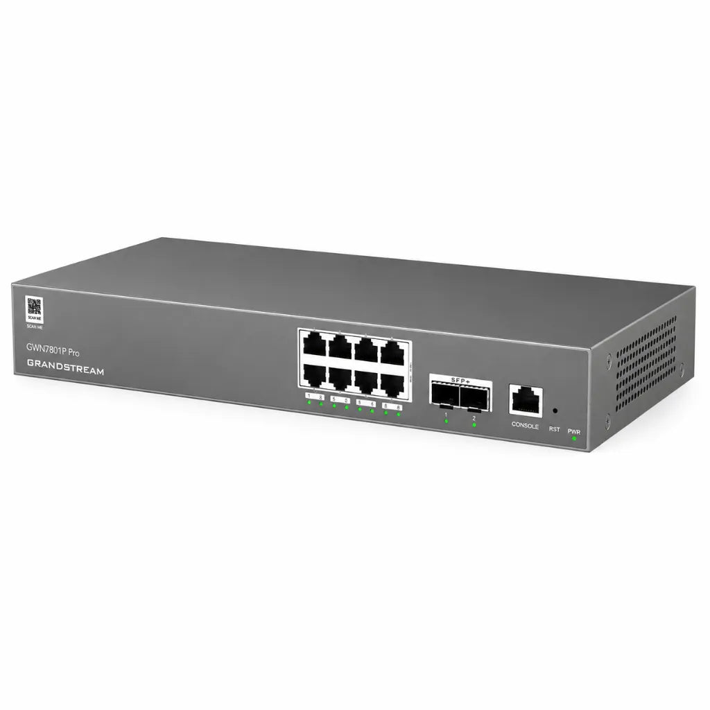 Right angle view of Grandstream GWN7801P Pro Layer 2++ managed PoE switch designed for business networking applications.