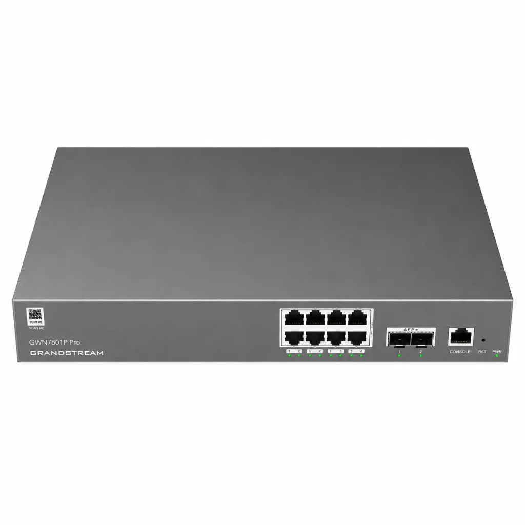 Top front perspective of Grandstream GWN7801P Pro enterprise managed PoE switch with Gigabit Ethernet and 2.5G SFP connectivity.