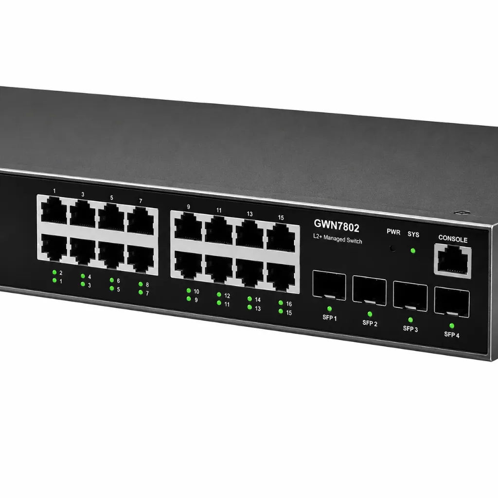 Close-up of Grandstream GWN7802 showing 16 Gigabit Ethernet ports, 4 SFP uplink ports and console port