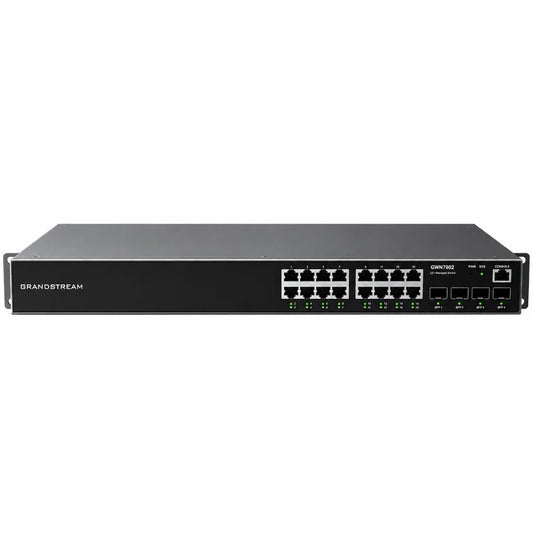 Front panel of Grandstream GWN7802 Layer 2+ managed Gigabit network switch featuring 16 RJ45 ports and 4 SFP uplinks