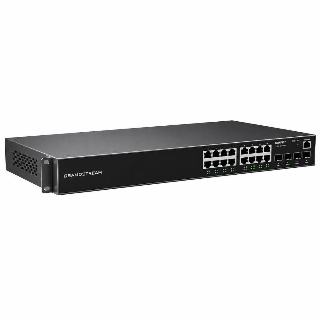 Left angled view of Grandstream GWN7802 16-port Layer 2+ managed Gigabit Ethernet switch for business networking
