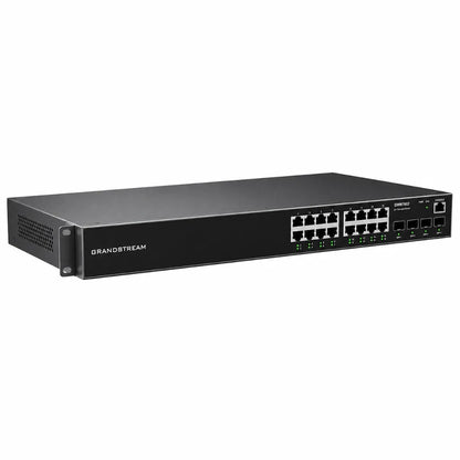 Left angled view of Grandstream GWN7802 16-port Layer 2+ managed Gigabit Ethernet switch for business networking