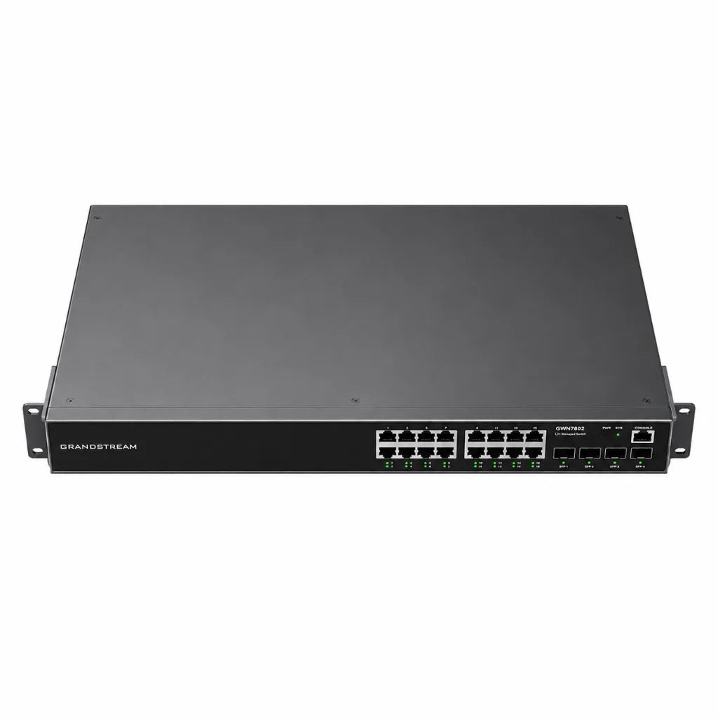Top perspective view of Grandstream GWN7802 rack-mount Layer 2+ managed Gigabit switch with 16 Ethernet ports