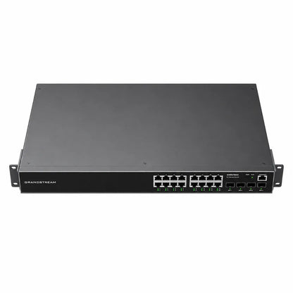 Top perspective view of Grandstream GWN7802 rack-mount Layer 2+ managed Gigabit switch with 16 Ethernet ports