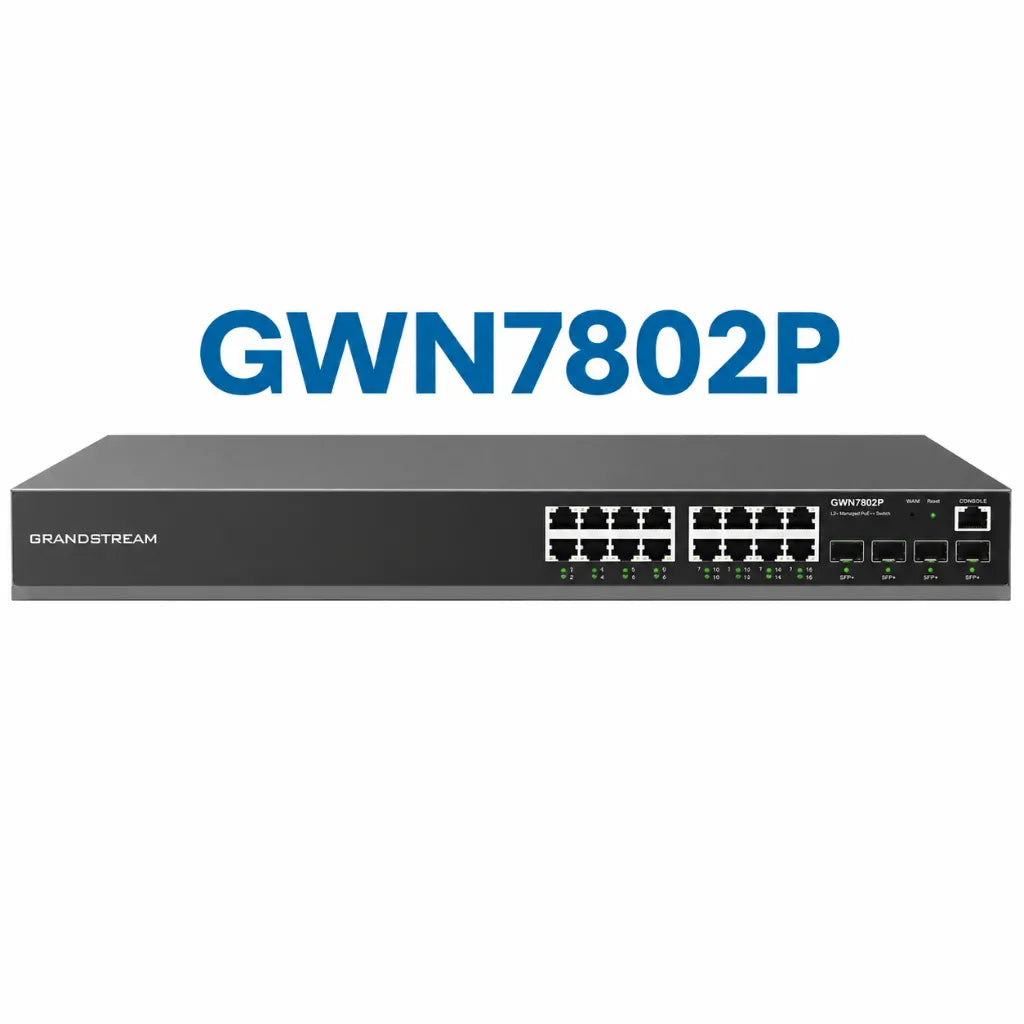 Grandstream GWN7802P 16-Port Gigabit PoE+ Layer 2+ Managed Network Switch with 4 SFP uplink ports front view