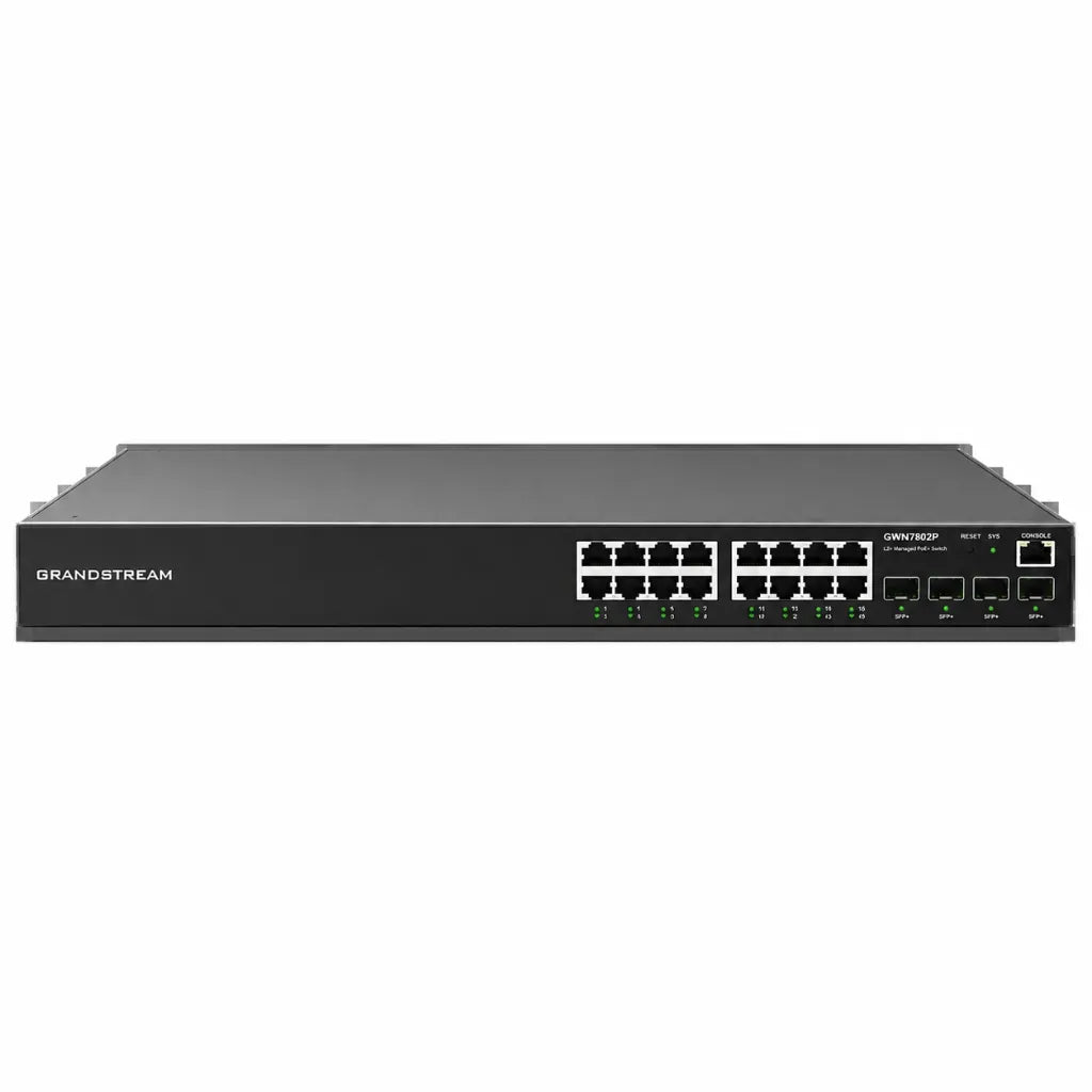 Front view of Grandstream GWN7802P 16-Port Gigabit PoE+ managed network switch with 4 Gigabit SFP uplinks