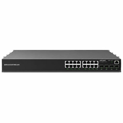 Front view of Grandstream GWN7802P 16-Port Gigabit PoE+ managed network switch with 4 Gigabit SFP uplinks