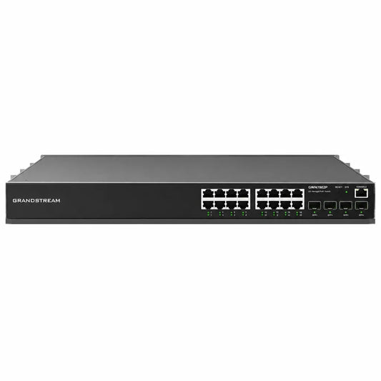 Front view of Grandstream GWN7802P 16-Port Gigabit PoE+ managed network switch with 4 Gigabit SFP uplinks