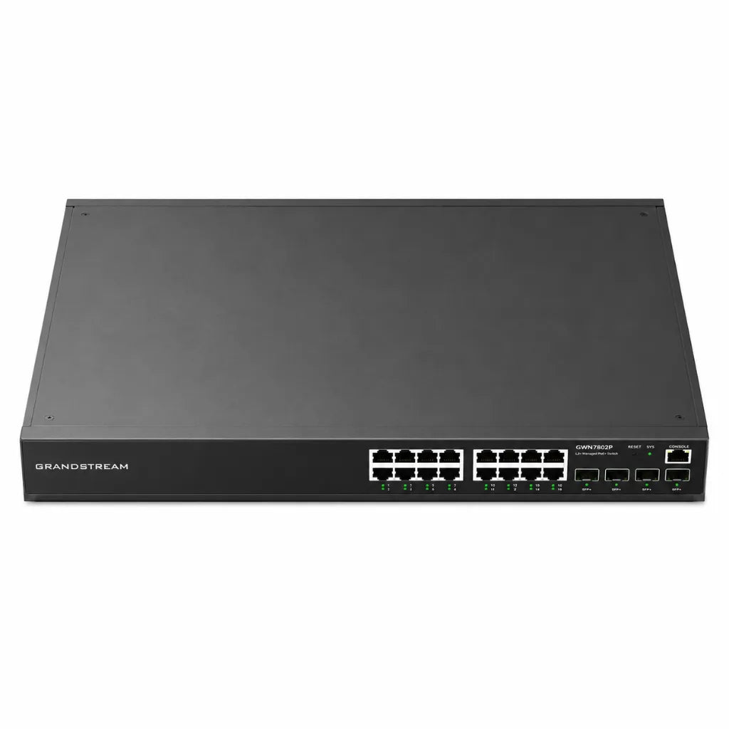 Top front view of Grandstream GWN7802P 16-Port Gigabit Layer 2+ managed PoE switch with SFP uplinks