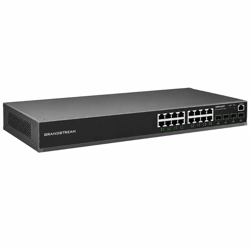 Left angled view of Grandstream GWN7802P Layer 2+ managed 16-port Gigabit PoE network switch