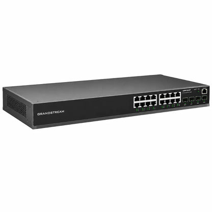 Left angled view of Grandstream GWN7802P Layer 2+ managed 16-port Gigabit PoE network switch