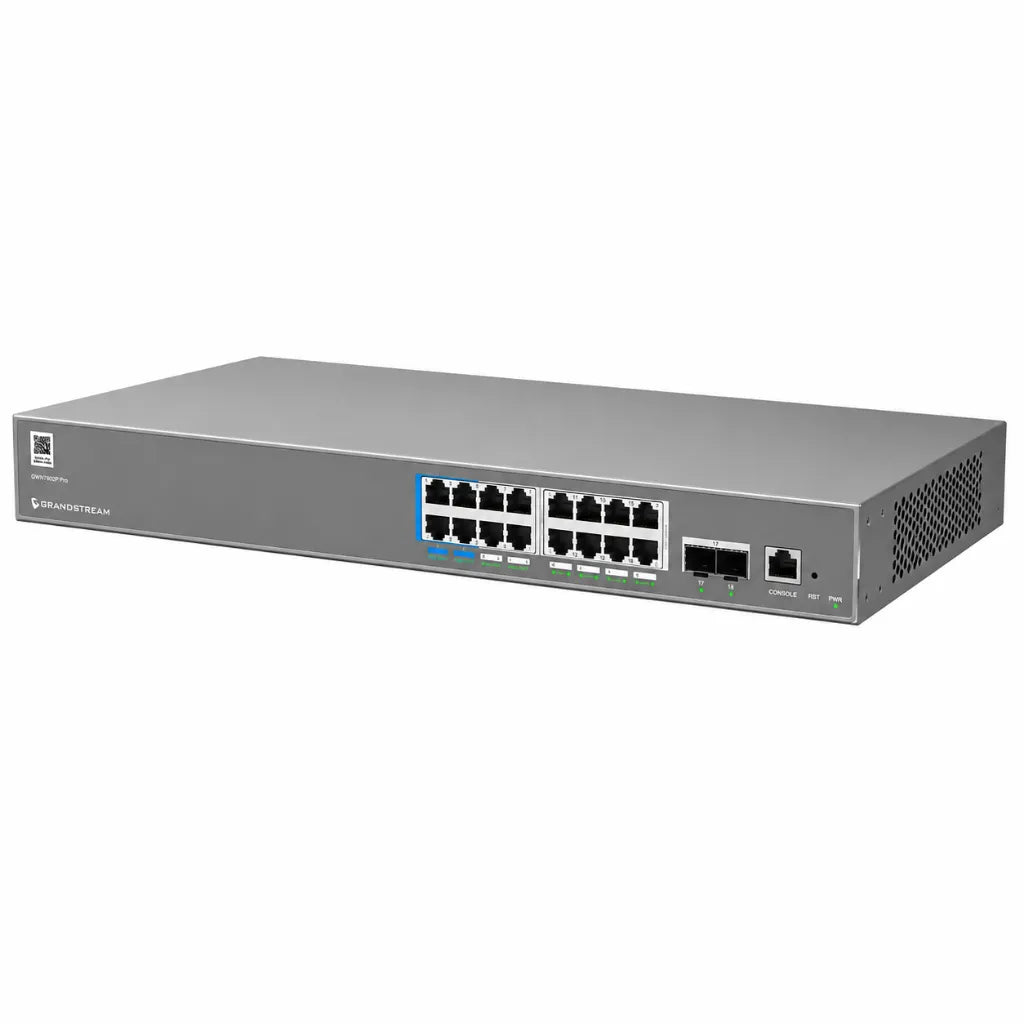 Right angled view of Grandstream GWN7802P Pro enterprise managed PoE switch with Gigabit Ethernet ports and dual SFP+ uplinks