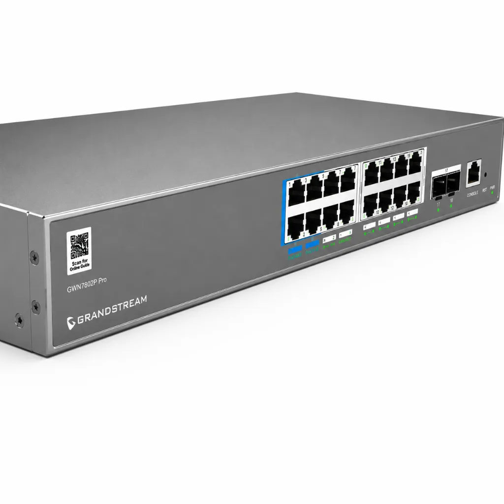 Close-up of Grandstream GWN7802P Pro front panel showing 16 Gigabit PoE ports, dual 10G SFP+ uplinks, console and reset ports