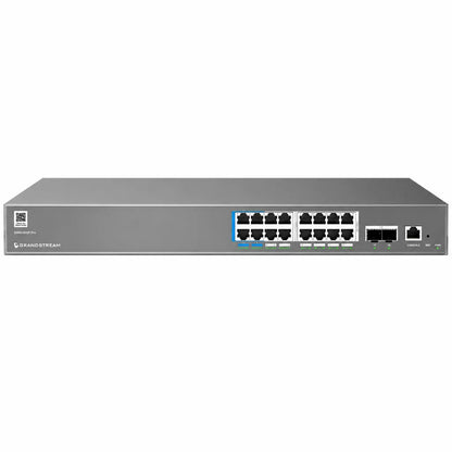 Front panel of Grandstream GWN7802P Pro managed PoE switch featuring 16 Gigabit Ethernet ports, dual 10G SFP+ uplinks and console port