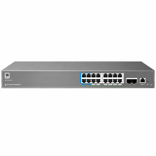 Front panel of Grandstream GWN7802P Pro managed PoE switch featuring 16 Gigabit Ethernet ports, dual 10G SFP+ uplinks and console port